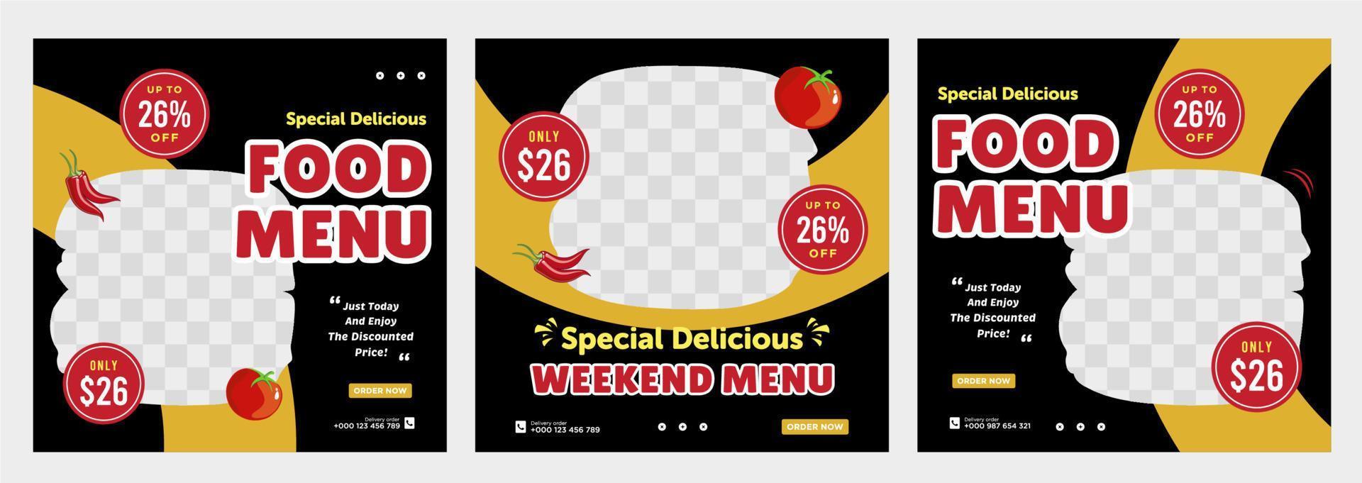 Delicious food menu and restaurant social media post template vector