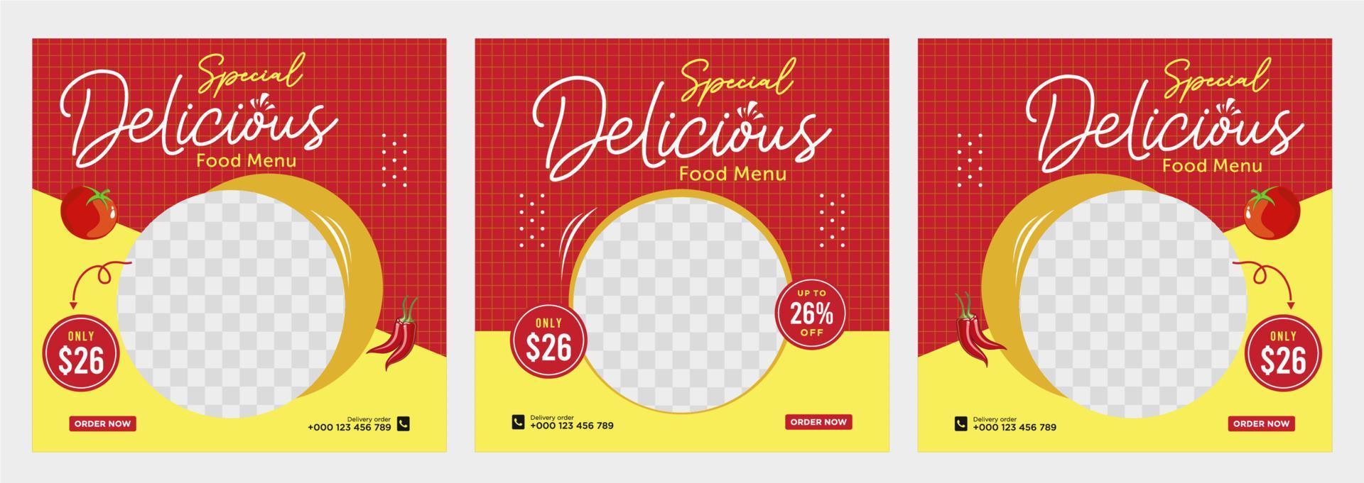 Delicious food menu and restaurant social media post template vector
