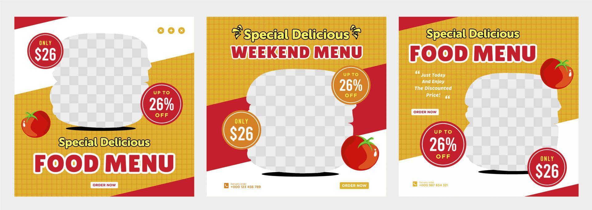 Delicious food menu and restaurant social media post template vector