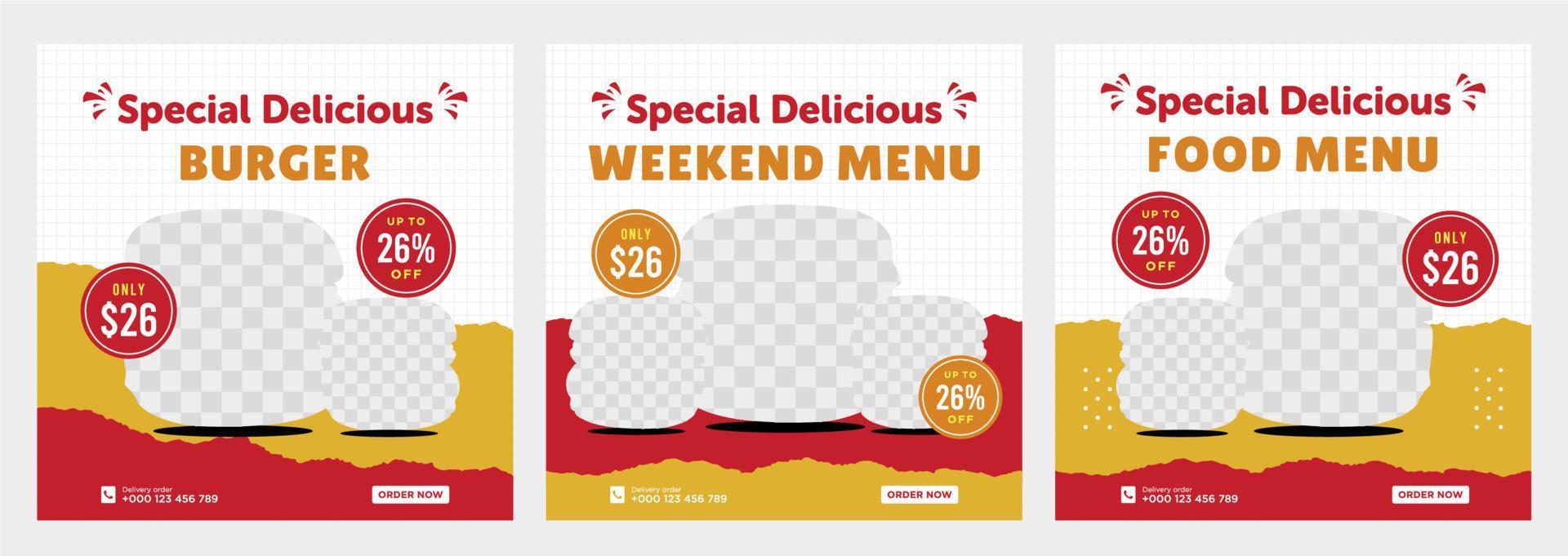Delicious food menu and restaurant social media post template vector