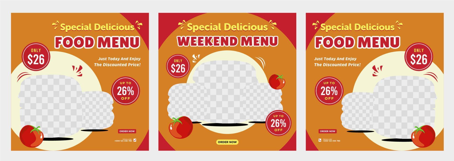 Delicious food menu and restaurant social media post template vector