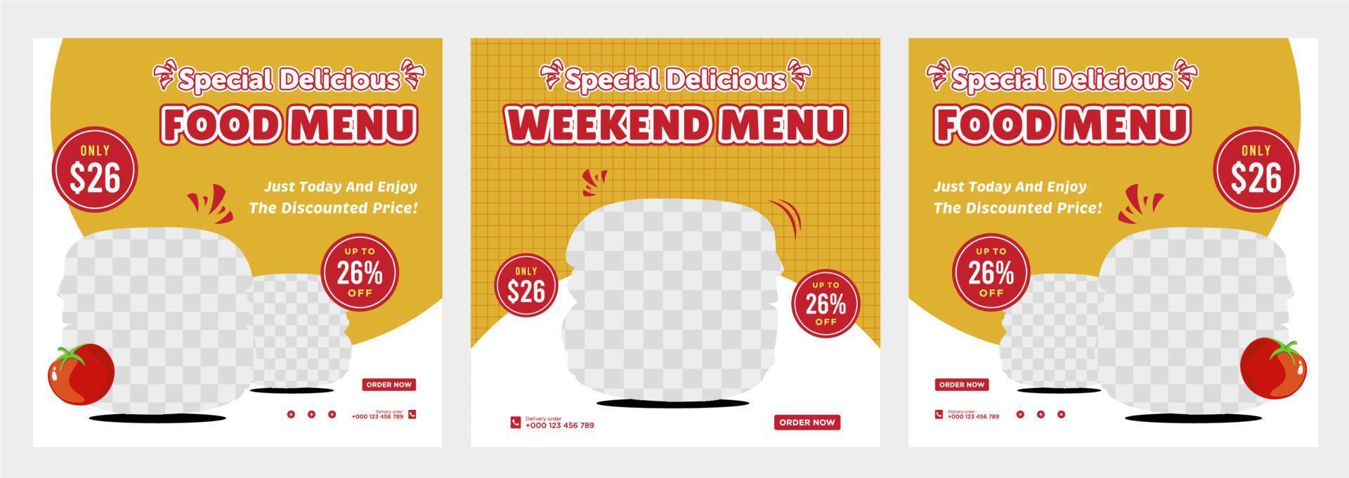 Delicious food menu and restaurant social media post template vector