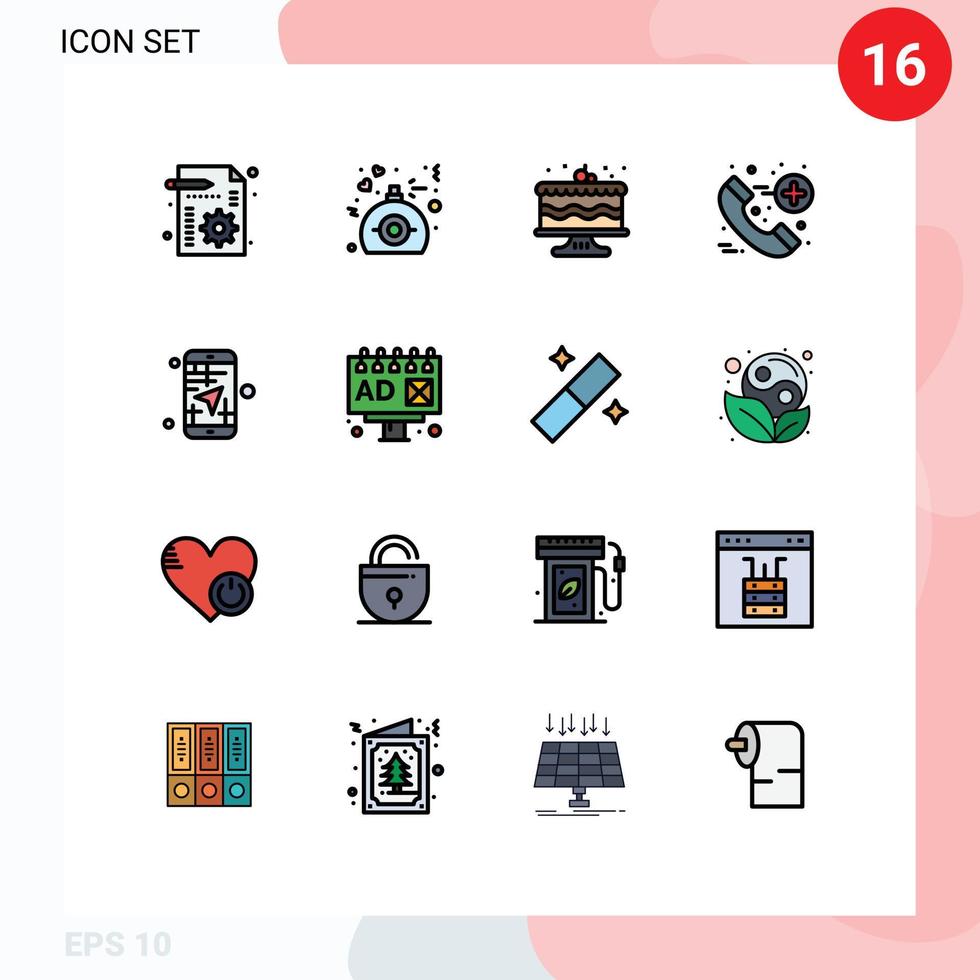 Universal Icon Symbols Group of 16 Modern Flat Color Filled Lines of map mobile birthday healthcare call Editable Creative Vector Design Elements