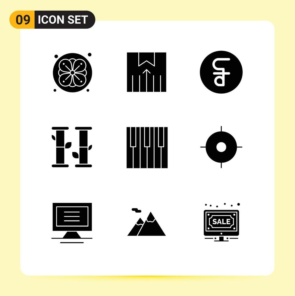 Modern Set of 9 Solid Glyphs and symbols such as piano keyboard coin audio nature Editable Vector Design Elements