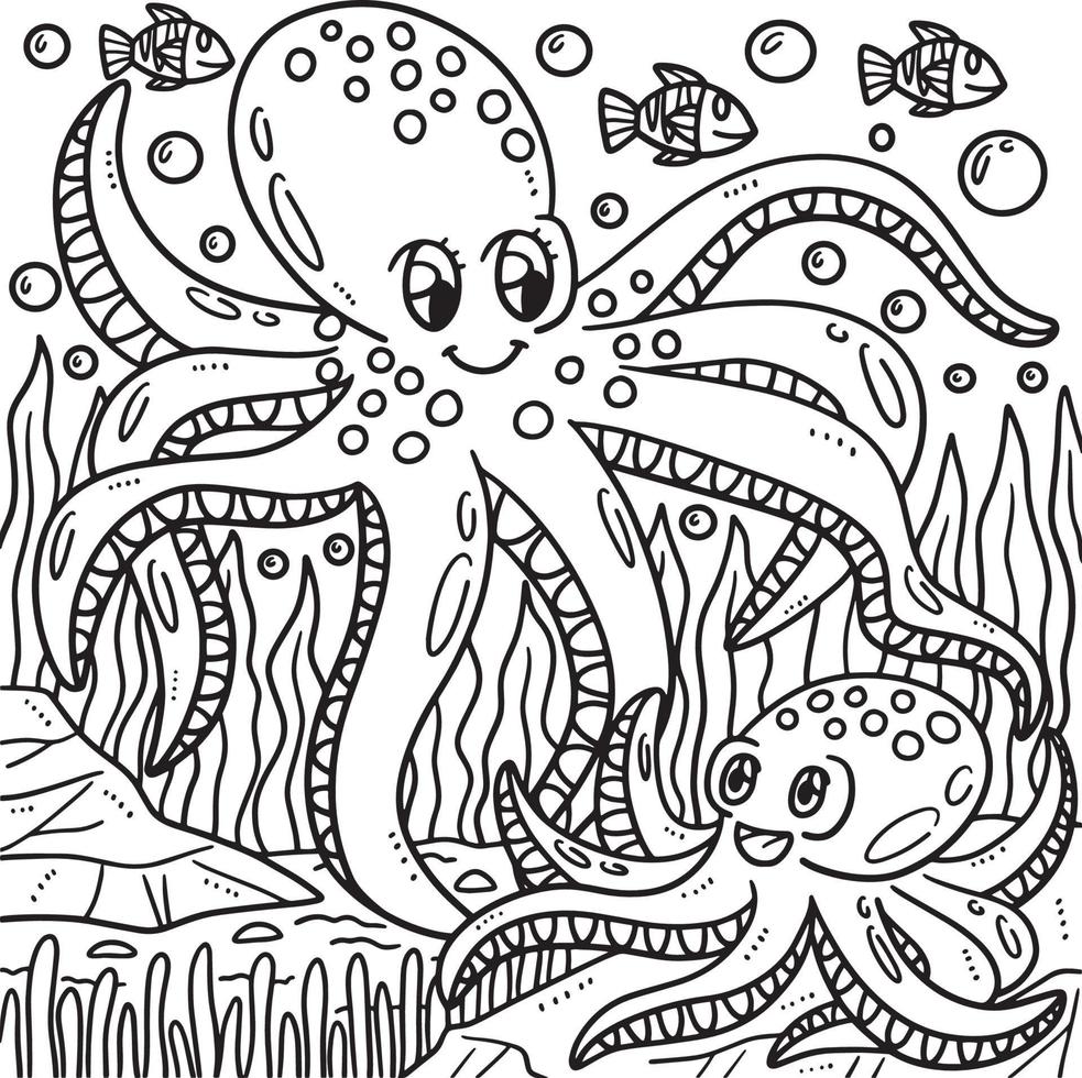 Mother Octopus and Baby Octopus Coloring Page vector