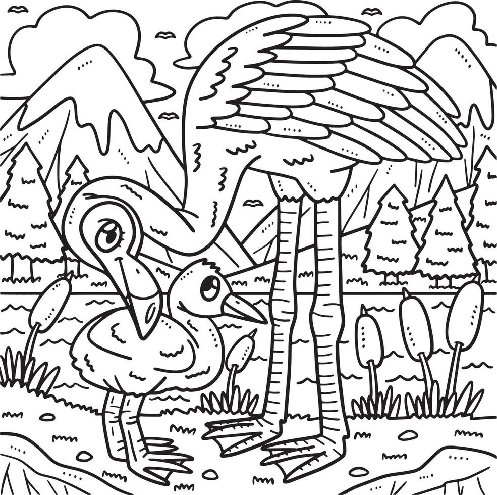 Mother Flamingo and Baby Flamingo Coloring Page vector