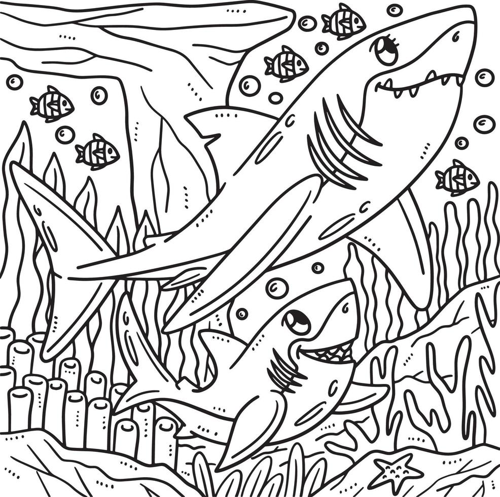 Mother and Baby Great White Shark Coloring Page vector