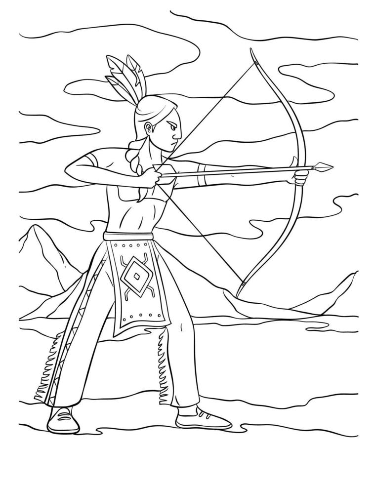 indio nativo americano con arco y flecha para colorear vector