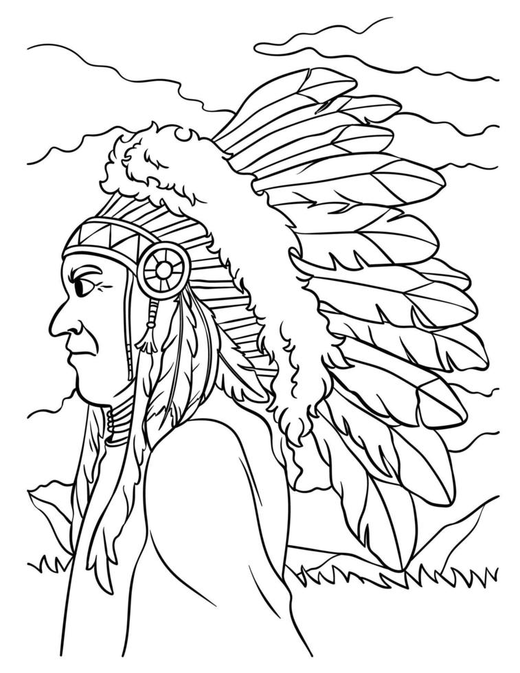 Página para colorear de jefe indio nativo americano vector