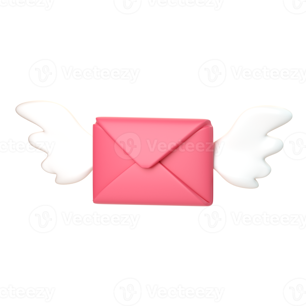 3d flying mail with wings icon. Concept of love mail , Valentines day new message, notification or envelope. 3d high quality render isolated on white background. png