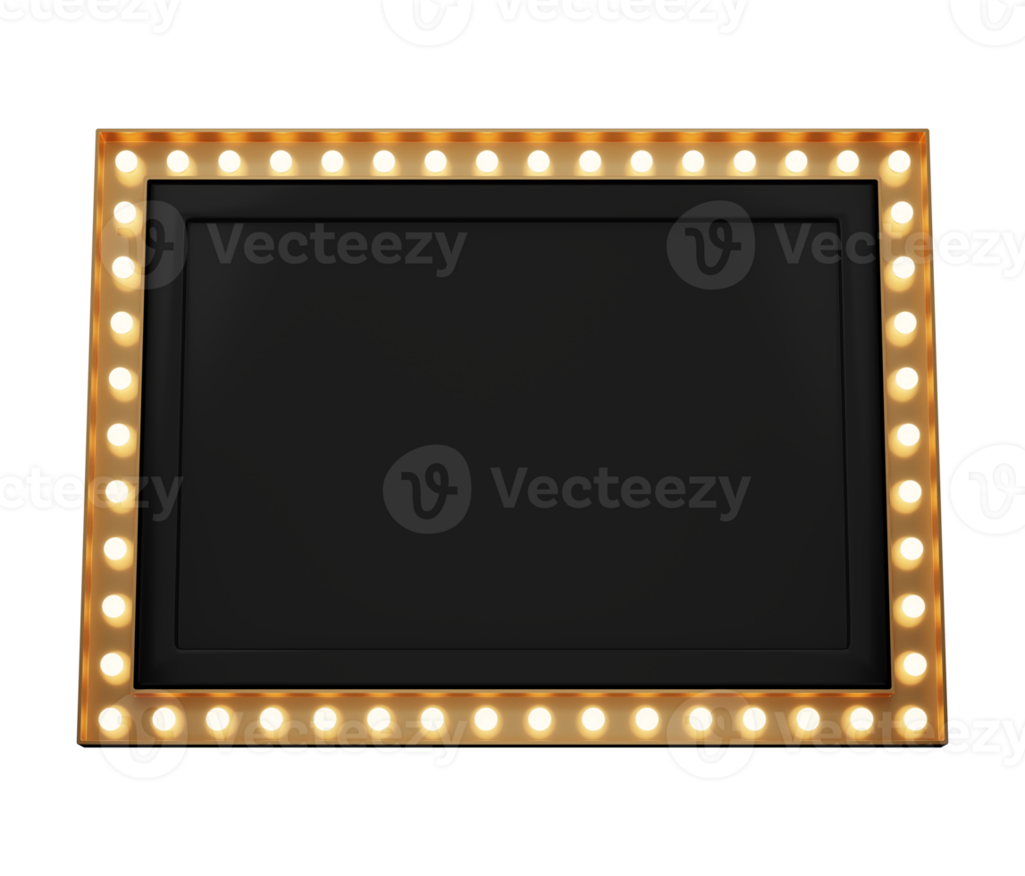 3d retro black and gold signboard with glowing yellow light bulb . Concept of billboard design for cinema, casino, marquee or nightclub . 3d high quality render png