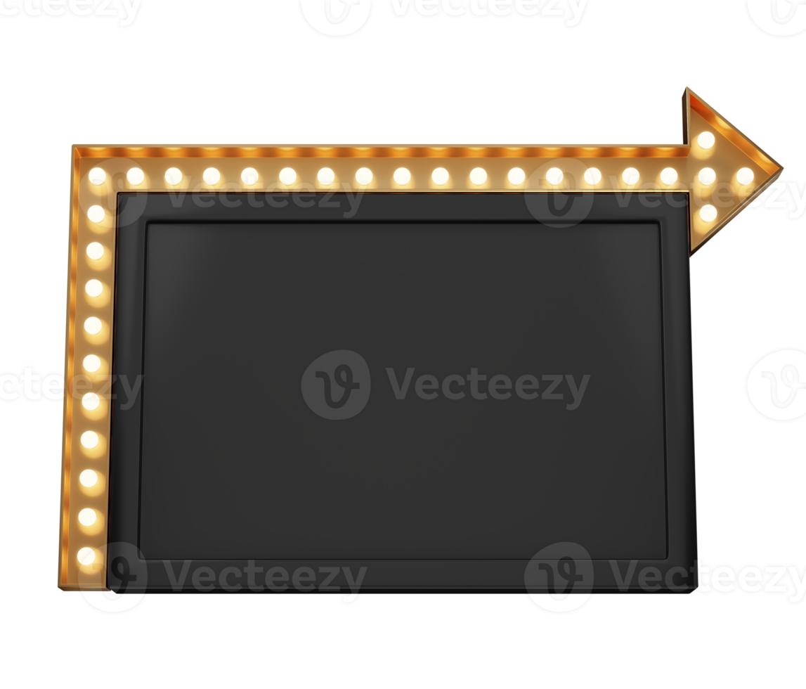 Tabuleta 3D retrô preto e ouro com lâmpada amarela brilhante. conceito de design de outdoor para cinema, cassino, marquise ou boate. renderização 3d de alta qualidade png
