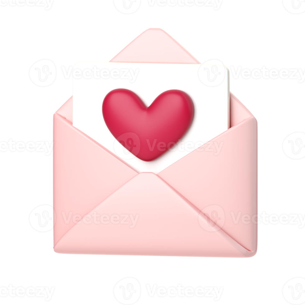 correio 3D com ícone de coração. conceito de correio de amor, nova mensagem de dia dos namorados, notificação ou envelope. renderização 3d de alta qualidade isolada png