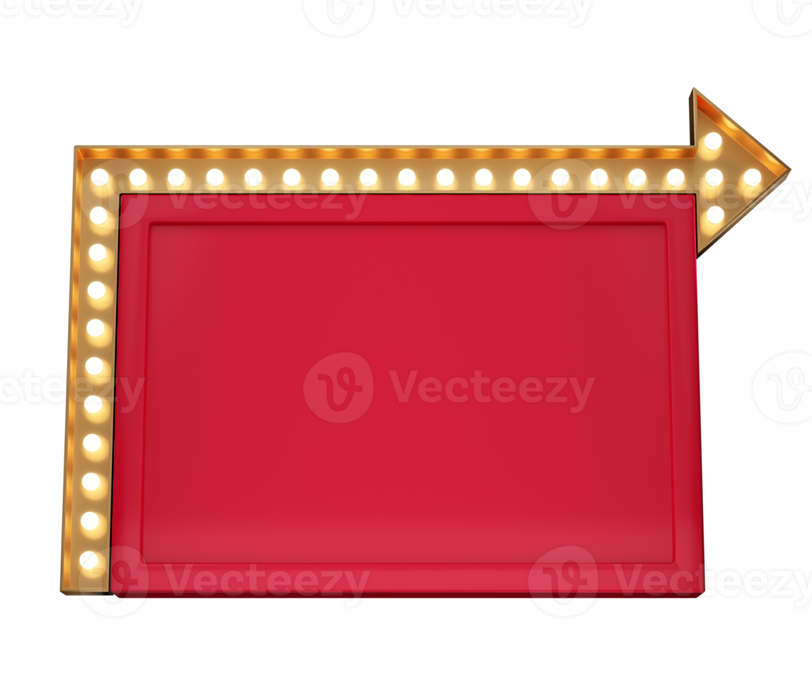 3d retro red and gold signboard with glowing yellow light bulb . Concept of billboard design for cinema, casino, marquee or nightclub . 3d high quality render png