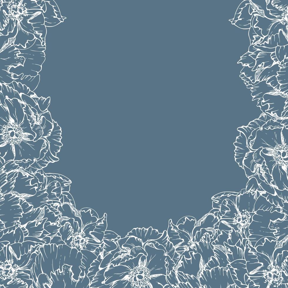 Hand drawn vector square frame wreath arrangement with peony flowers, buds and leaves. Isolated on white background. Design for invitations, wedding or greeting cards, wallpaper, print, textile