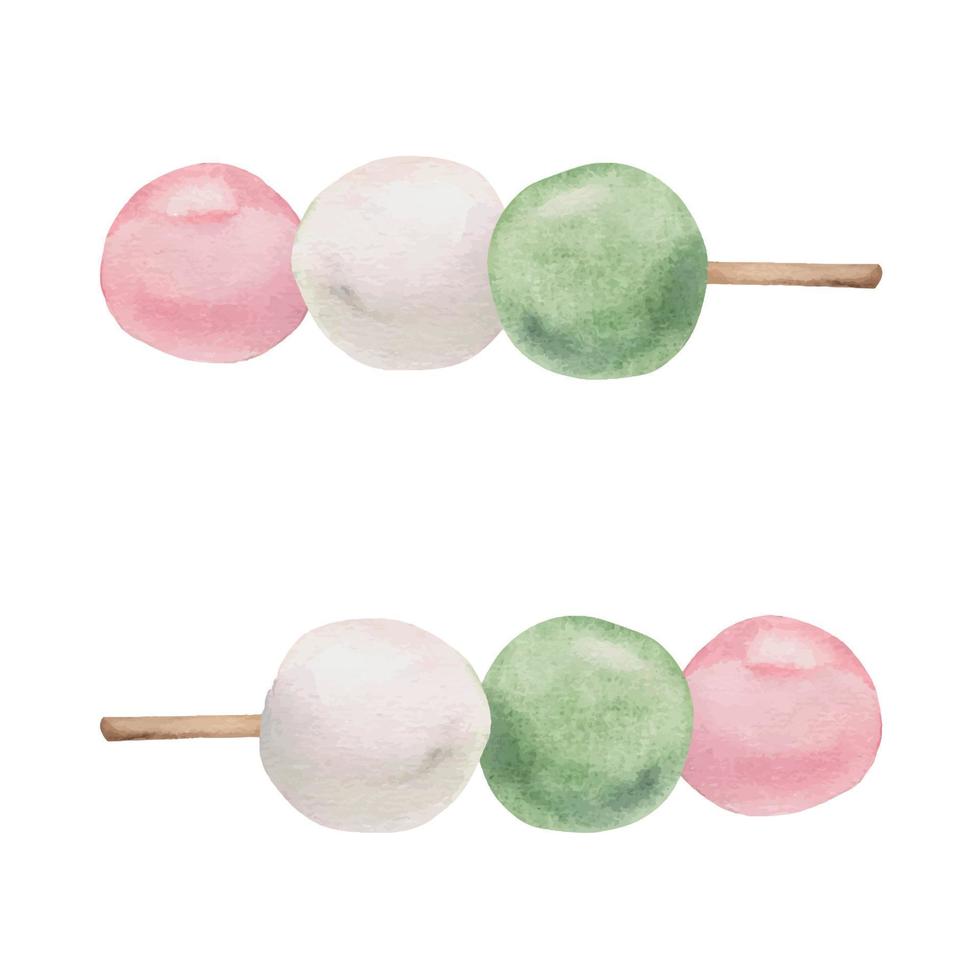 dulces japoneses tradicionales dibujados a mano con acuarela. Dango de tres colores, rosa, blanco y verde. aislado sobre fondo blanco. diseño para invitaciones, menú de restaurante, tarjetas de felicitación, impresión, textil vector