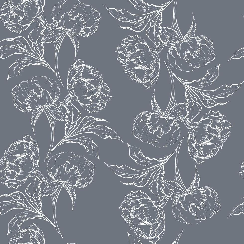 Hand drawn vector seamless pattern with peony flowers, buds and leaves. Isolated on white background. Design for invitations, wedding or greeting cards, wallpaper, print, textile, wrapping paper