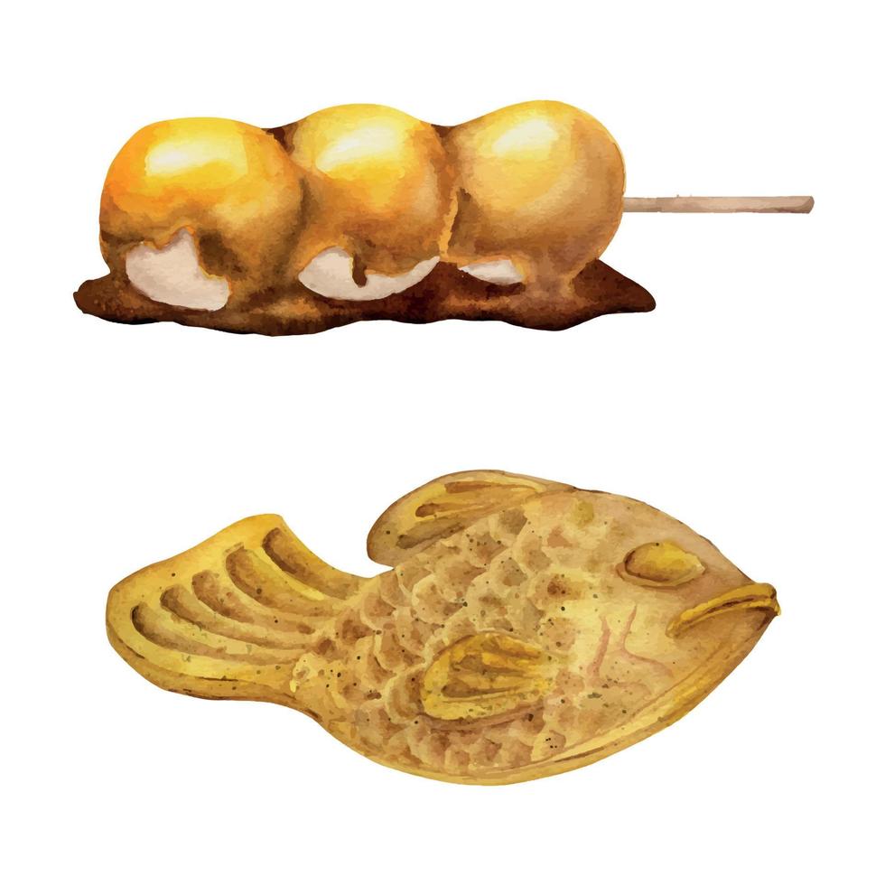 dulces japoneses tradicionales dibujados a mano con acuarela. pasta mitarashi dango y taiyaki. aislado sobre fondo blanco. diseño para invitaciones, menú de restaurante, tarjetas de felicitación, impresión, textil vector