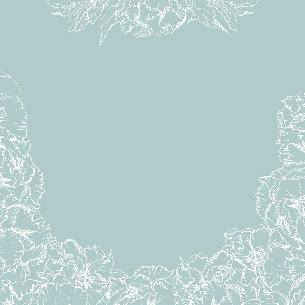 Arreglo de corona de marco cuadrado vectorial dibujado a mano con flores de peonía, brotes y hojas. aislado sobre fondo blanco. diseño para invitaciones, bodas o tarjetas de felicitación, papel pintado, estampado, textil vector
