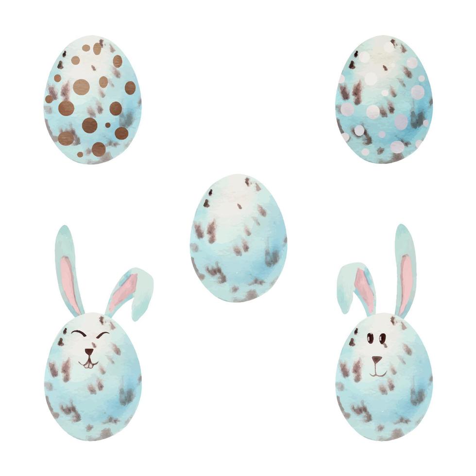 Watercolor hand drawn Easter celebration clipart. Set of painted eggs with bunny ears and faces. Pastel color. Isolated on white background. For invitations, gifts, greeting cards, print, textile vector