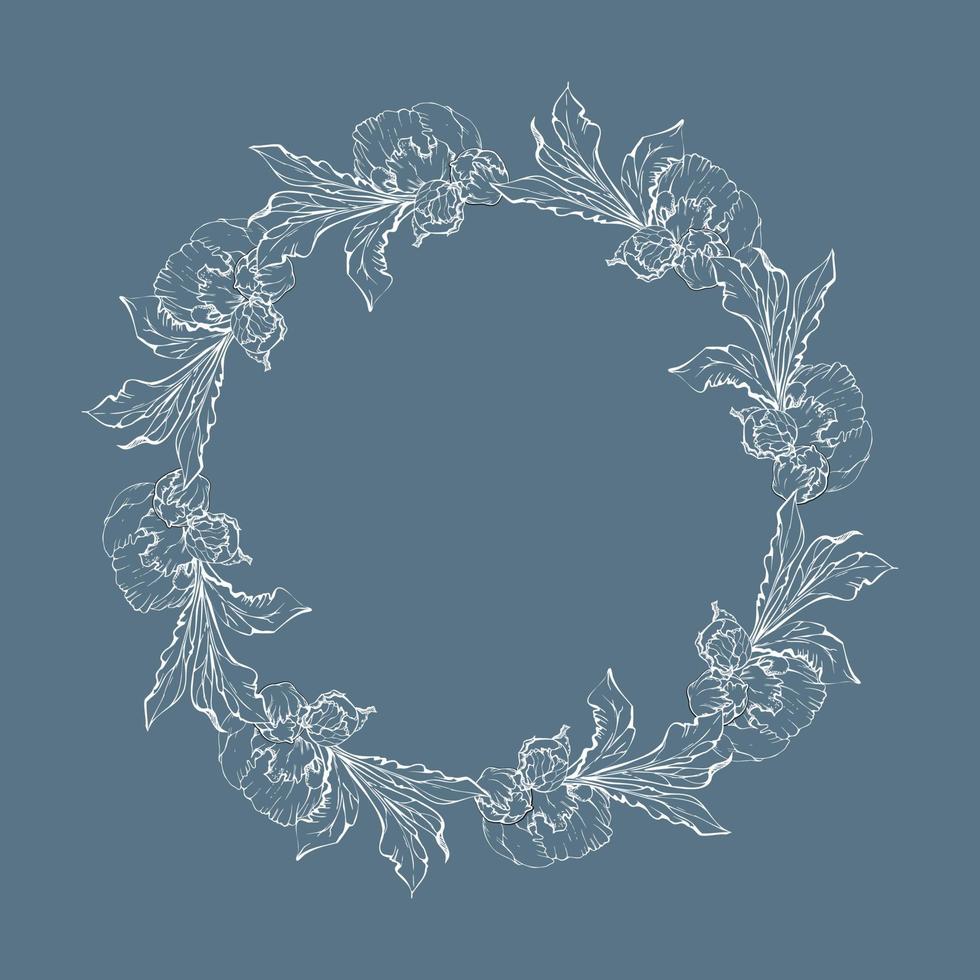 Hand drawn vector circle frame wreath arrangement with peony flowers, buds and leaves. Isolated on white background. Design for invitations, wedding or greeting cards, wallpaper, print, textile