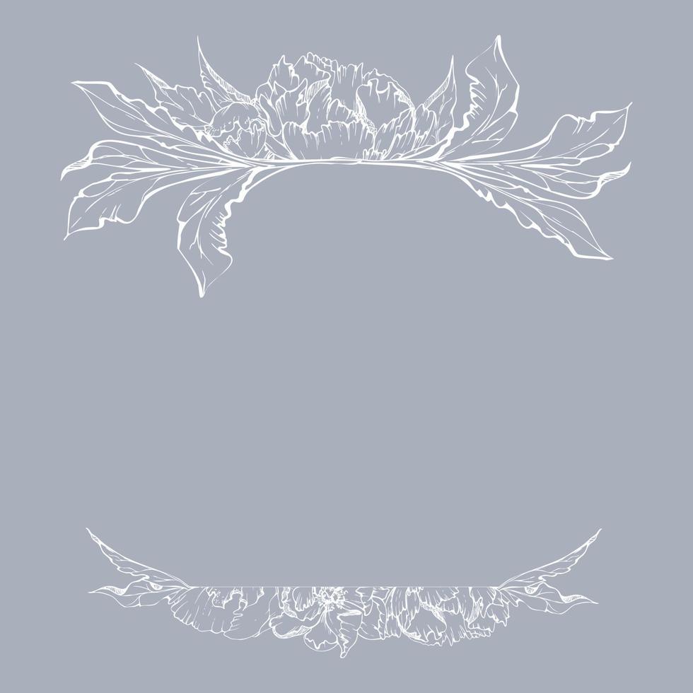 Hand drawn vector square frame wreath arrangement with peony flowers, buds and leaves. Isolated on white background. Design for invitations, wedding or greeting cards, wallpaper, print, textile