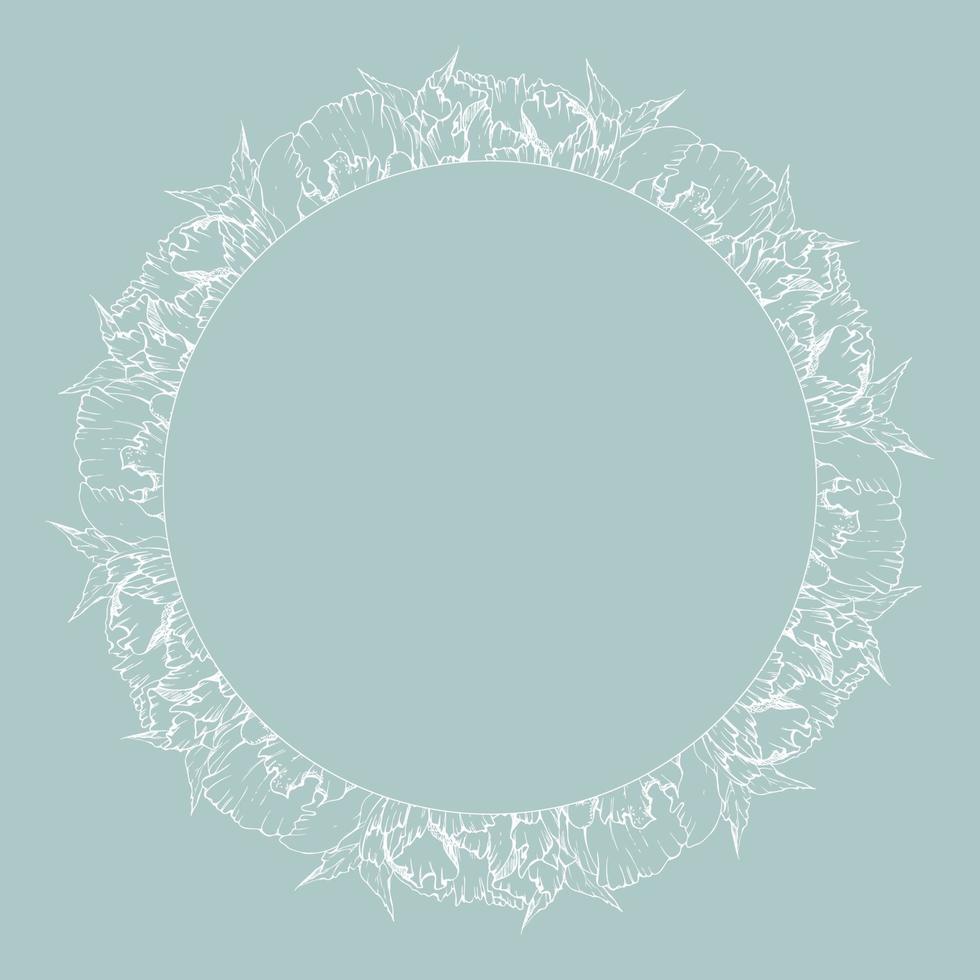 Hand drawn vector circle frame wreath arrangement with peony flowers, buds and leaves. Isolated on white background. Design for invitations, wedding or greeting cards, wallpaper, print, textile