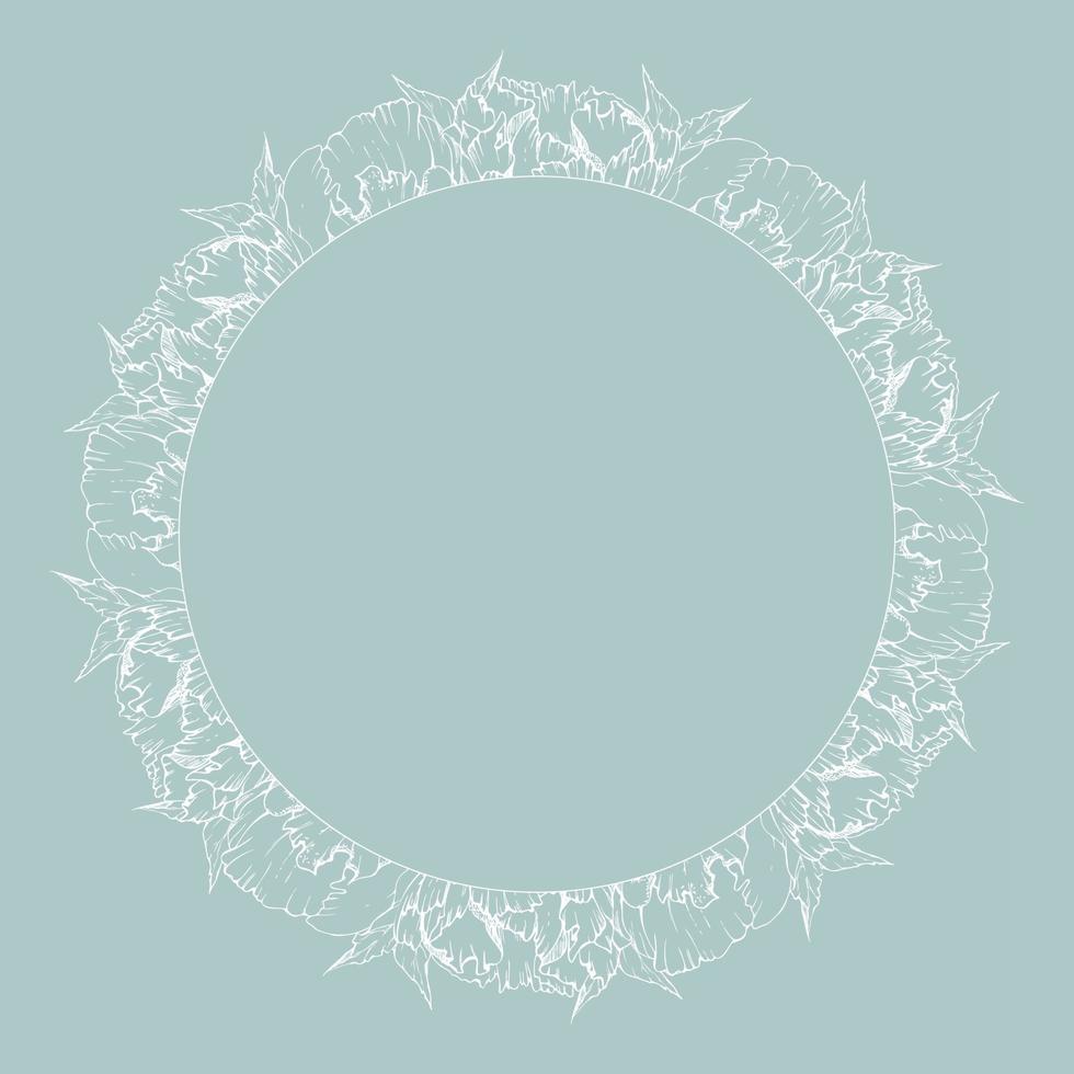 Hand drawn vector circle frame wreath arrangement with peony flowers, buds and leaves. Isolated on white background. Design for invitations, wedding or greeting cards, wallpaper, print, textile