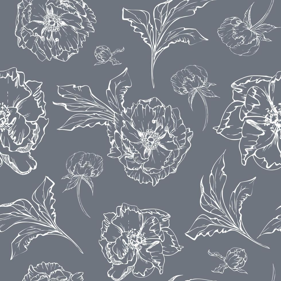 Hand drawn vector seamless pattern with peony flowers, buds and leaves. Isolated on white background. Design for invitations, wedding or greeting cards, wallpaper, print, textile, wrapping paper