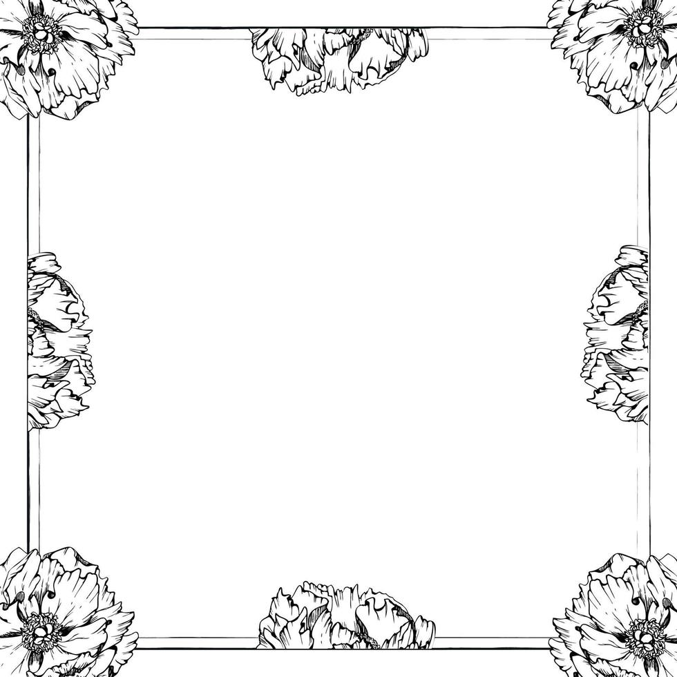Hand drawn vector square frame wreath arrangement with peony flowers, buds and leaves. Isolated on white background. Design for invitations, wedding or greeting cards, wallpaper, print, textile