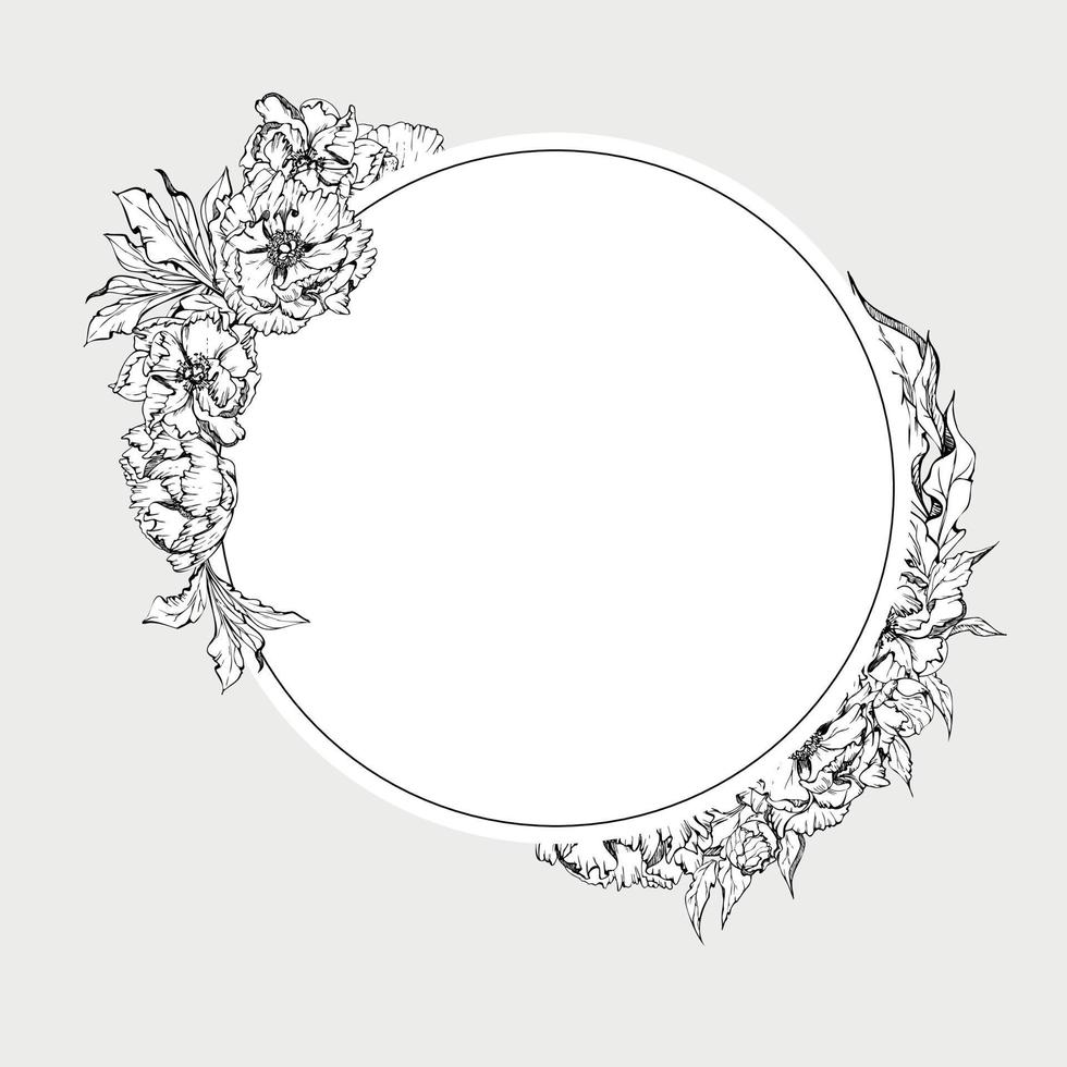 Hand drawn vector circle frame wreath arrangement with peony flowers, buds and leaves. Isolated on white background. Design for invitations, wedding or greeting cards, wallpaper, print, textile