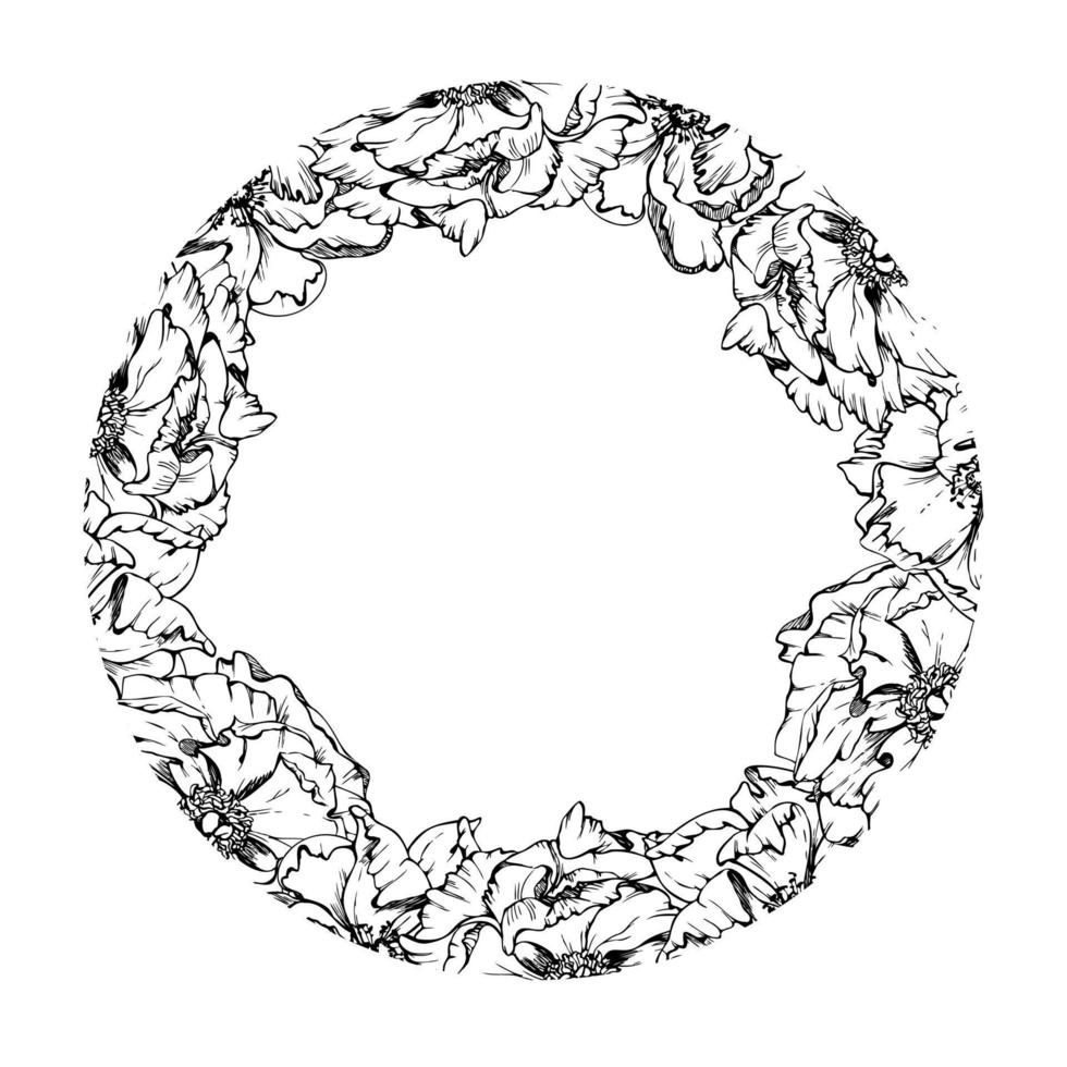 Hand drawn vector circle frame wreath arrangement with peony flowers, buds and leaves. Isolated on white background. Design for invitations, wedding or greeting cards, wallpaper, print, textile