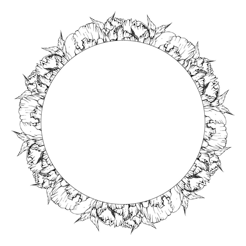 arreglo de corona de marco de círculo vectorial dibujado a mano con flores de peonía, brotes y hojas. aislado sobre fondo blanco. diseño para invitaciones, bodas o tarjetas de felicitación, papel pintado, estampado, textil vector