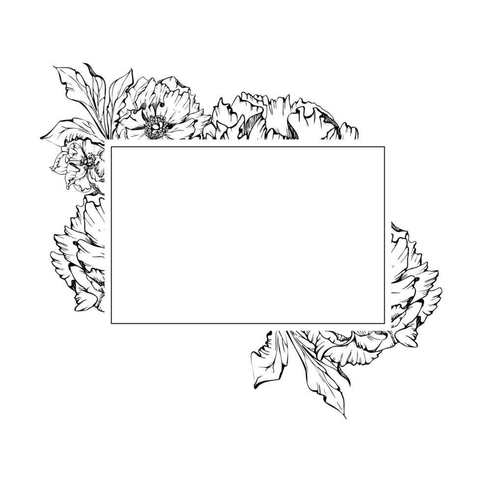 Hand drawn vector square frame wreath arrangement with peony flowers, buds and leaves. Isolated on white background. Design for invitations, wedding or greeting cards, wallpaper, print, textile