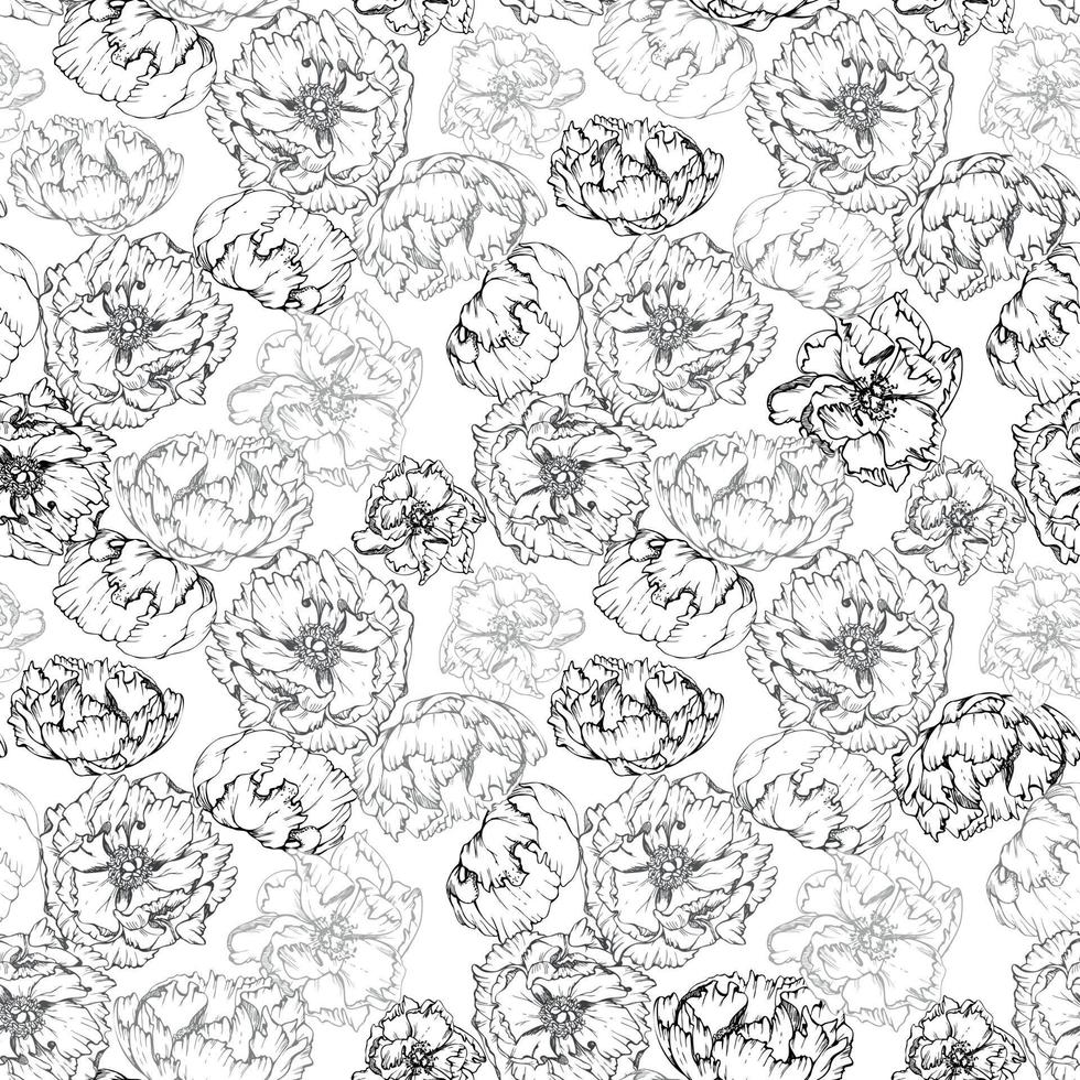 Hand drawn vector seamless pattern with peony flowers, buds and leaves. Isolated on white background. Design for invitations, wedding or greeting cards, wallpaper, print, textile, wrapping paper