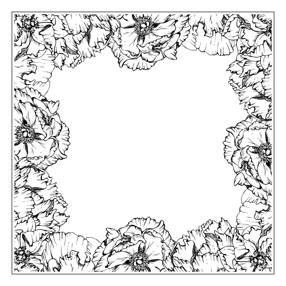 Hand drawn vector square frame wreath arrangement with peony flowers, buds and leaves. Isolated on white background. Design for invitations, wedding or greeting cards, wallpaper, print, textile