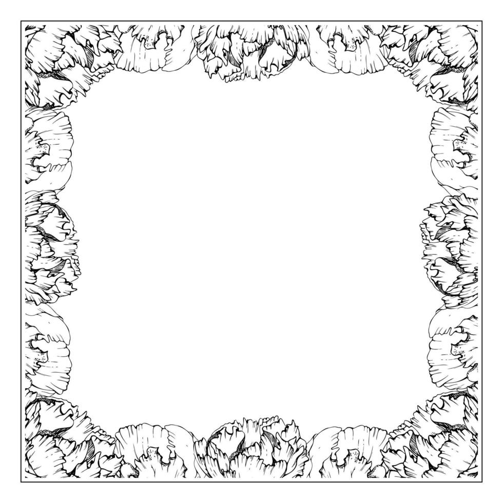 Hand drawn vector square frame wreath arrangement with peony flowers, buds and leaves. Isolated on white background. Design for invitations, wedding or greeting cards, wallpaper, print, textile