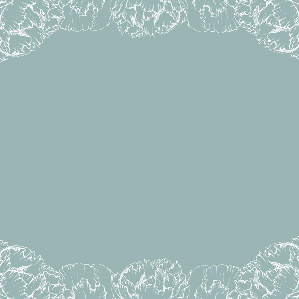 Hand drawn vector square frame wreath arrangement with peony flowers, buds and leaves. Isolated on white background. Design for invitations, wedding or greeting cards, wallpaper, print, textile