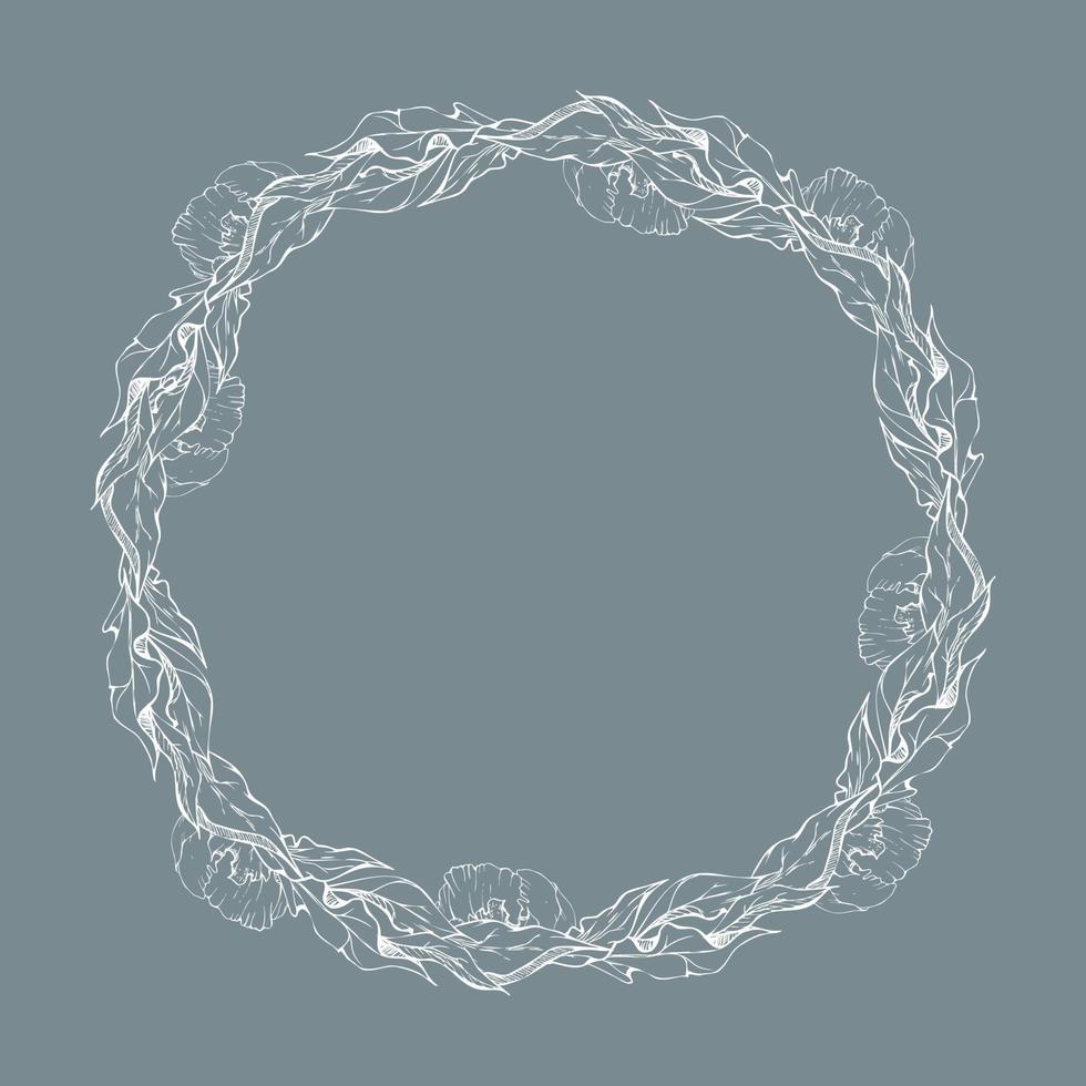 Hand drawn vector circle frame wreath arrangement with peony flowers, buds and leaves. Isolated on white background. Design for invitations, wedding or greeting cards, wallpaper, print, textile