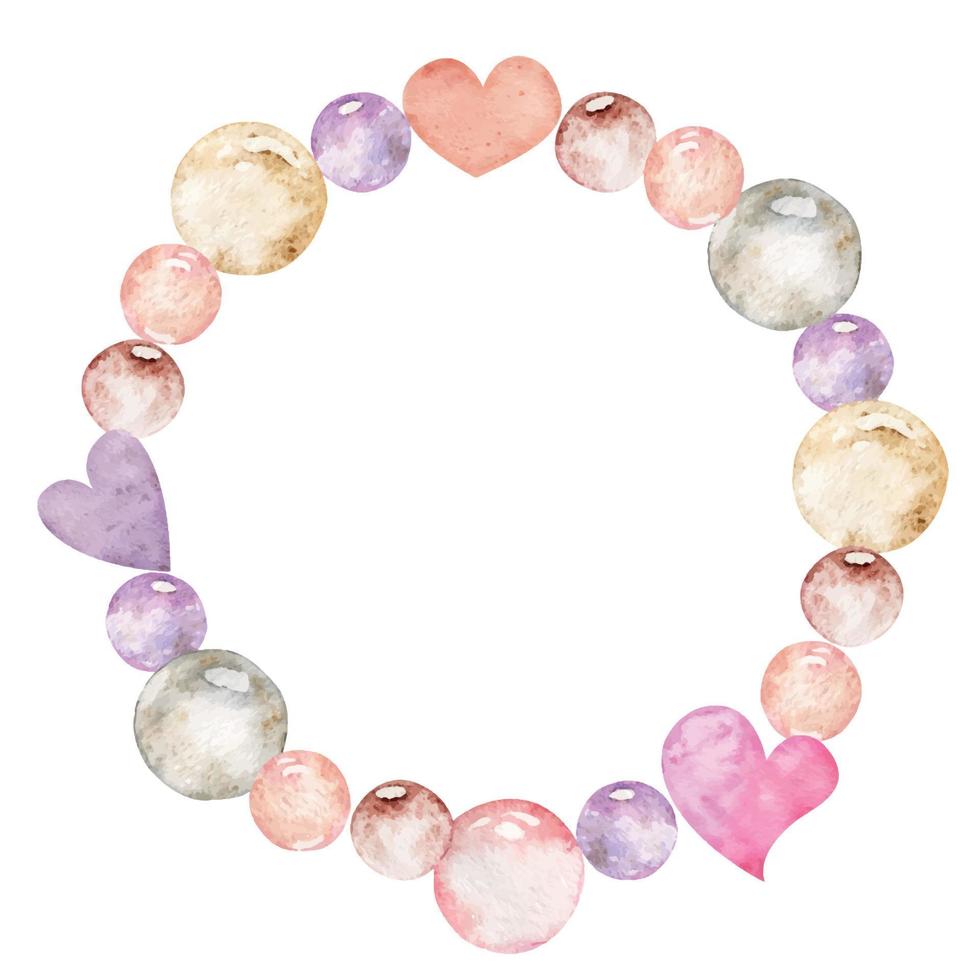 Watercolor hand drawn wreath of pastel bubbles and hearts for Valentine's day. Isolated on white background. Design for paper, love and greeting cards, textile, print, wallpaper, wedding vector