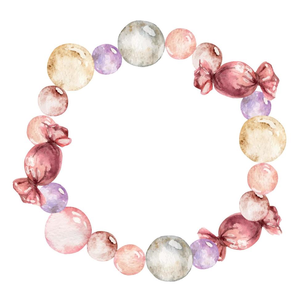 Watercolor hand drawn wreath of pastel bubbles and bonbons for Valentine's day. Isolated on white background. Design for paper, love and greeting cards, textile, print, wallpaper, wedding vector