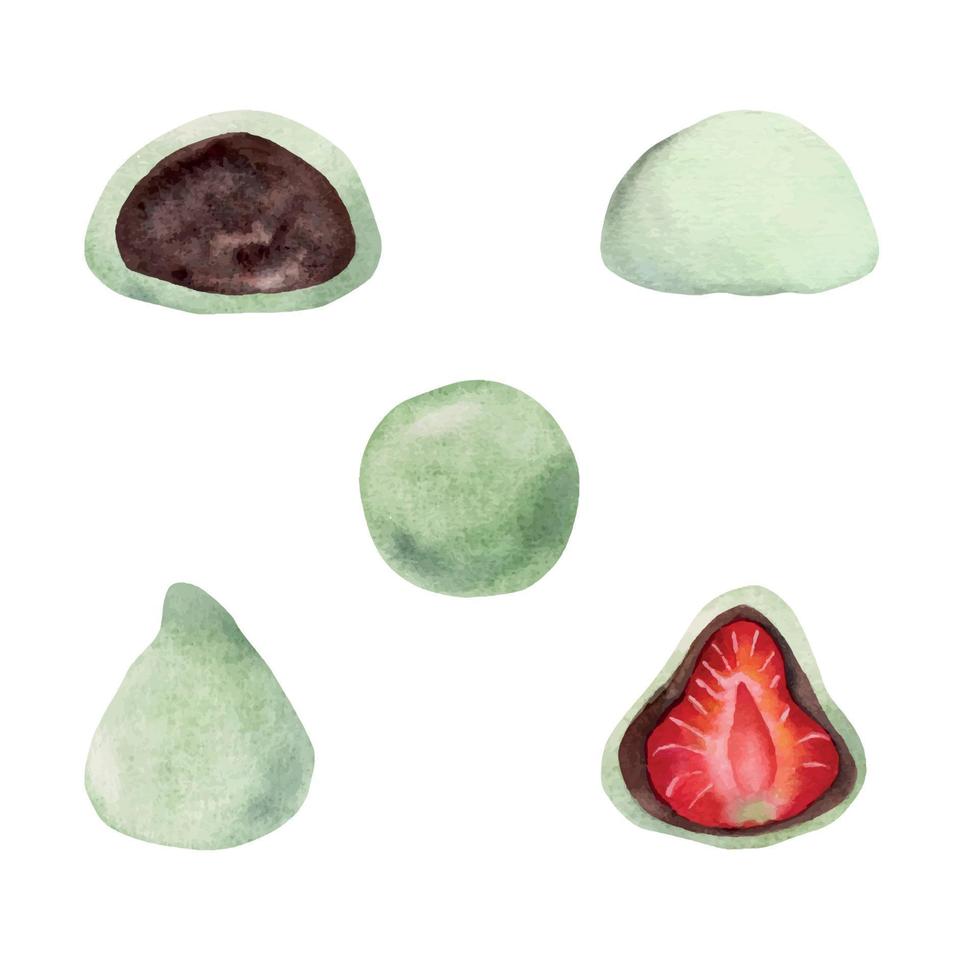 dulces japoneses tradicionales dibujados a mano con acuarela. wagashi de verano, mochi, daifuku, melocotón. aislado sobre fondo blanco. diseño para invitaciones, menú de restaurante, tarjetas de felicitación, impresión, textil vector