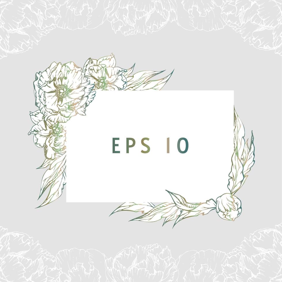 Hand drawn vector square frame wreath arrangement with peony flowers, buds and leaves. Isolated on white background. Design for invitations, wedding or greeting cards, wallpaper, print, textile