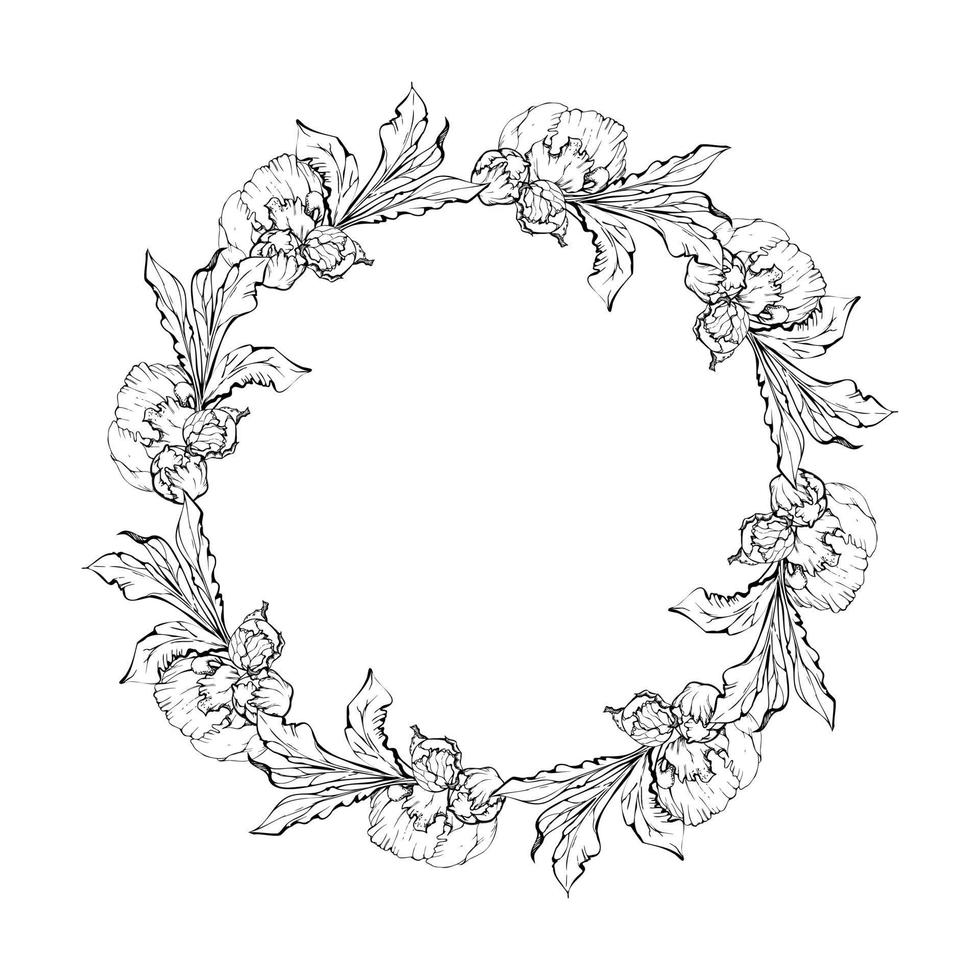 arreglo de corona de marco de círculo vectorial dibujado a mano con flores de peonía, brotes y hojas. aislado sobre fondo blanco. diseño para invitaciones, bodas o tarjetas de felicitación, papel pintado, estampado, textil vector