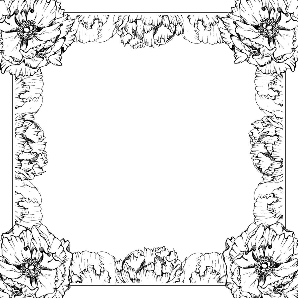 Hand drawn vector square frame wreath arrangement with peony flowers, buds and leaves. Isolated on white background. Design for invitations, wedding or greeting cards, wallpaper, print, textile