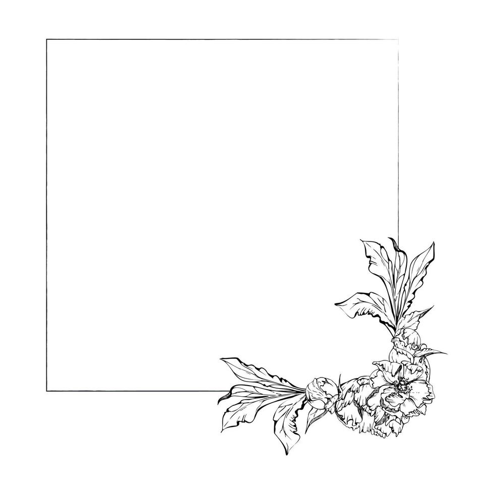 Hand drawn vector square frame wreath arrangement with peony flowers, buds and leaves. Isolated on white background. Design for invitations, wedding or greeting cards, wallpaper, print, textile