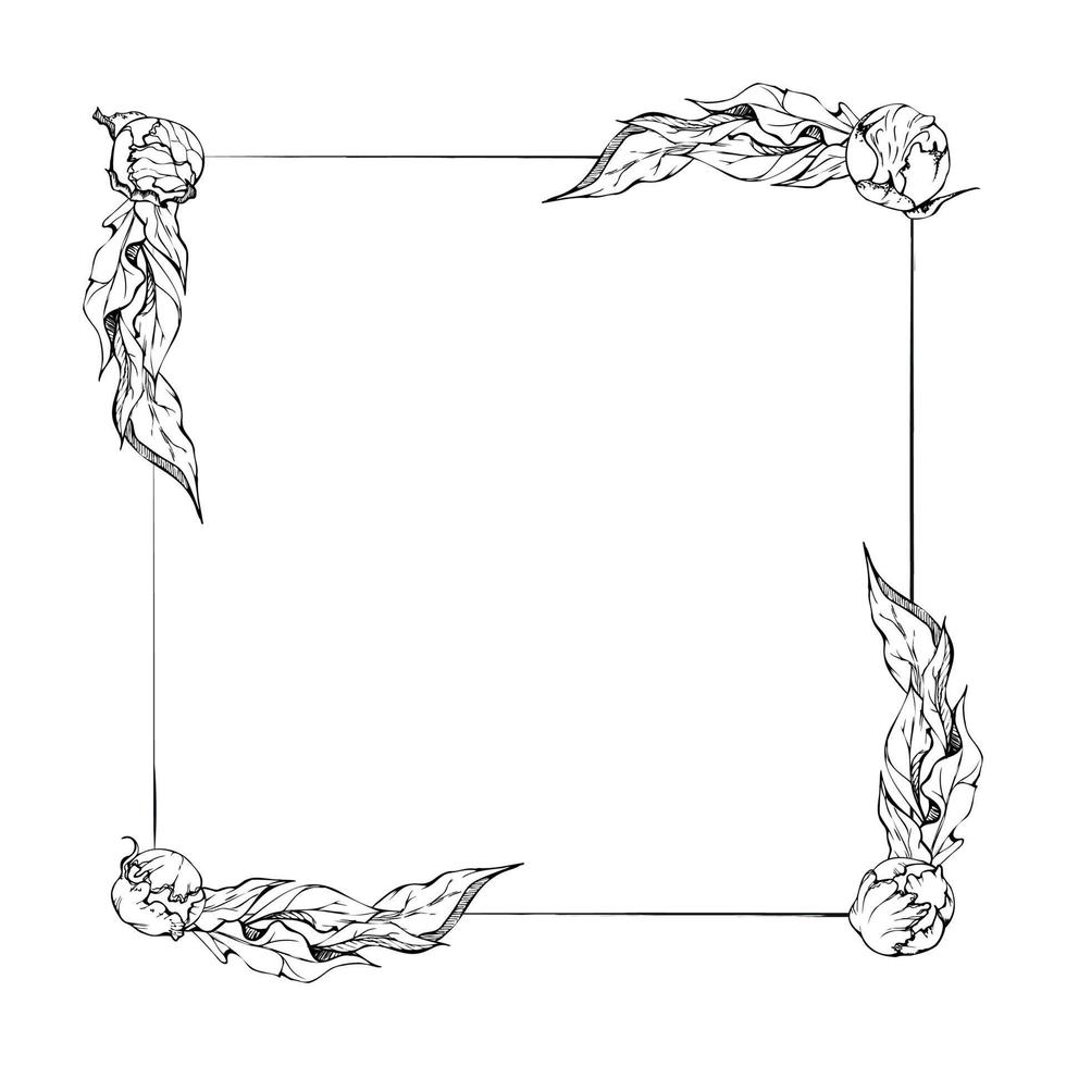 Hand drawn vector square frame wreath arrangement with peony flowers, buds and leaves. Isolated on white background. Design for invitations, wedding or greeting cards, wallpaper, print, textile
