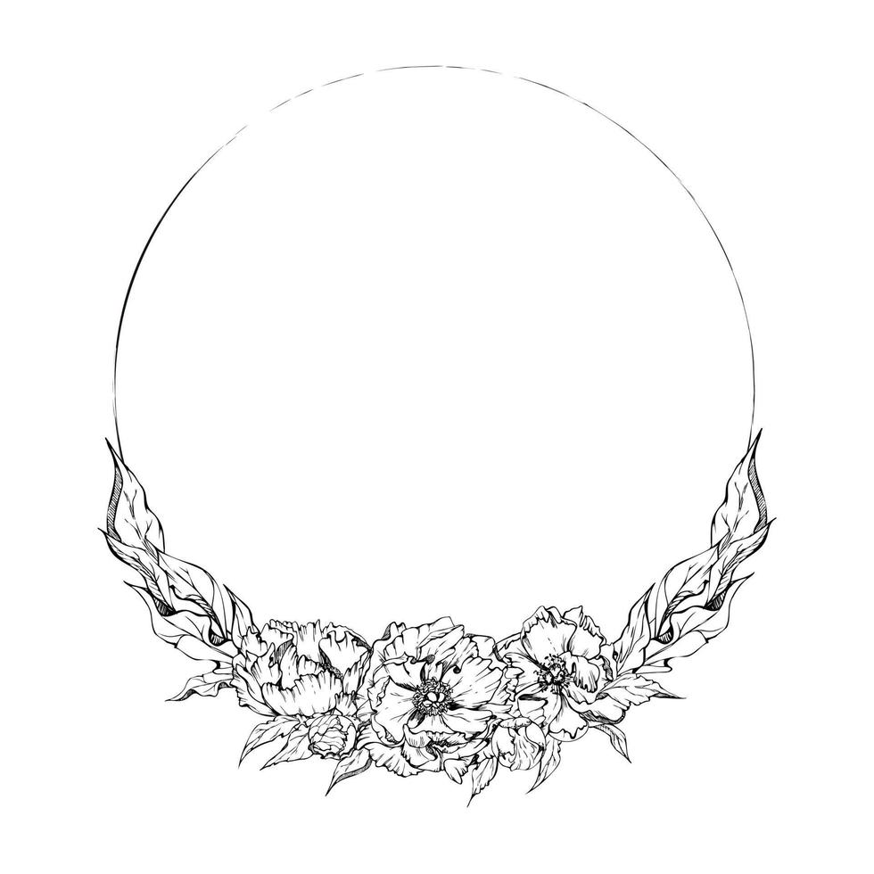 Hand drawn vector circle frame wreath arrangement with peony flowers, buds and leaves. Isolated on white background. Design for invitations, wedding or greeting cards, wallpaper, print, textile