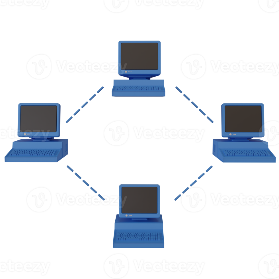 estilo antiguo azul antiguo de la computadora personal. uso compartido de computadoras y concepto de red o cadena de bloques para nft. ilustración 3d png