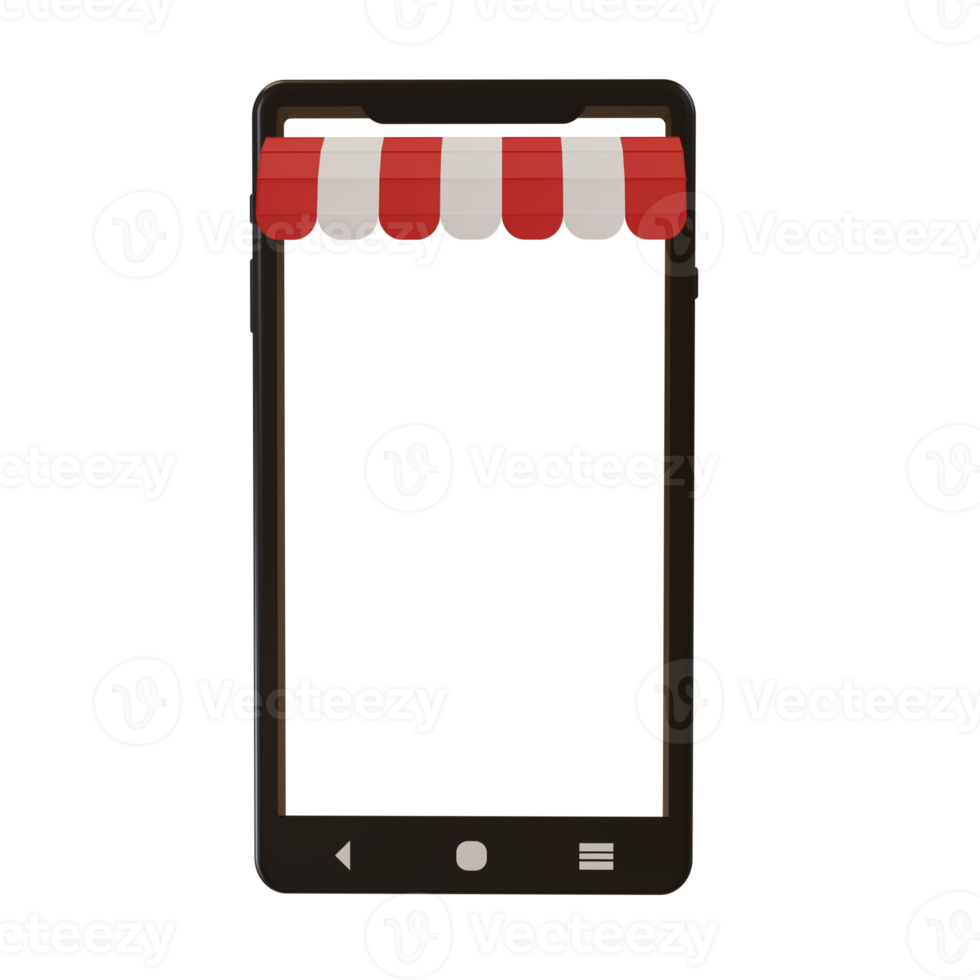 Mobile phone mockup with store awning. Shop canopy on smartphone, shopping app presentation template png